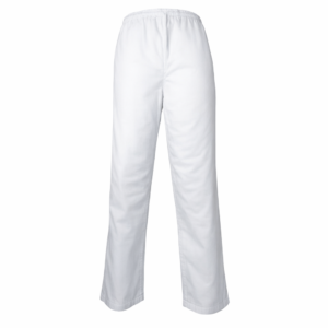 Pantalón blanco en gabardina con cintura elastizada con cordón. Mayor comodidad y resistencia.