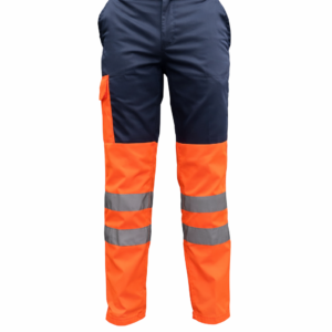 Este pantalón de alta visibilidad en gabardina combina durabilidad, confort y seguridad. Su diseño en naranja y azul, junto con las cintas reflectivas, asegura una excelente detección en cualquier entorno. Perfecto para trabajos que requieren estar protegido sin perder comodidad durante toda la jornada.