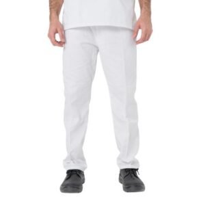 Pantalón frigorífico blanco con cintura elastizada y cordón, diseño sin bolsillos delanteros y un bolsillo pequeño trasero.