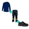 Combo de indumentaria de trabajo: remera básica de manga larga en color neutro, pantalón técnico con bandas reflectivas de alta visibilidad y zapatos de seguridad reforzados sobre un fondo limpio.