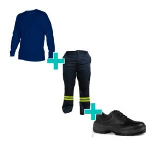 Combo de indumentaria de trabajo: remera básica de manga larga en color neutro, pantalón técnico con bandas reflectivas de alta visibilidad y zapatos de seguridad reforzados sobre un fondo limpio.