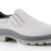 Zapato de trabajo blanco elastizado, ideal para la industria alimenticia, realizado en cuero vacuno con puntera plástica o composite. Amplia escala de talles
