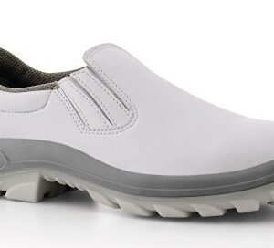Zapato de trabajo blanco elastizado, ideal para la industria alimenticia, realizado en cuero vacuno con puntera plástica o composite. Amplia escala de talles